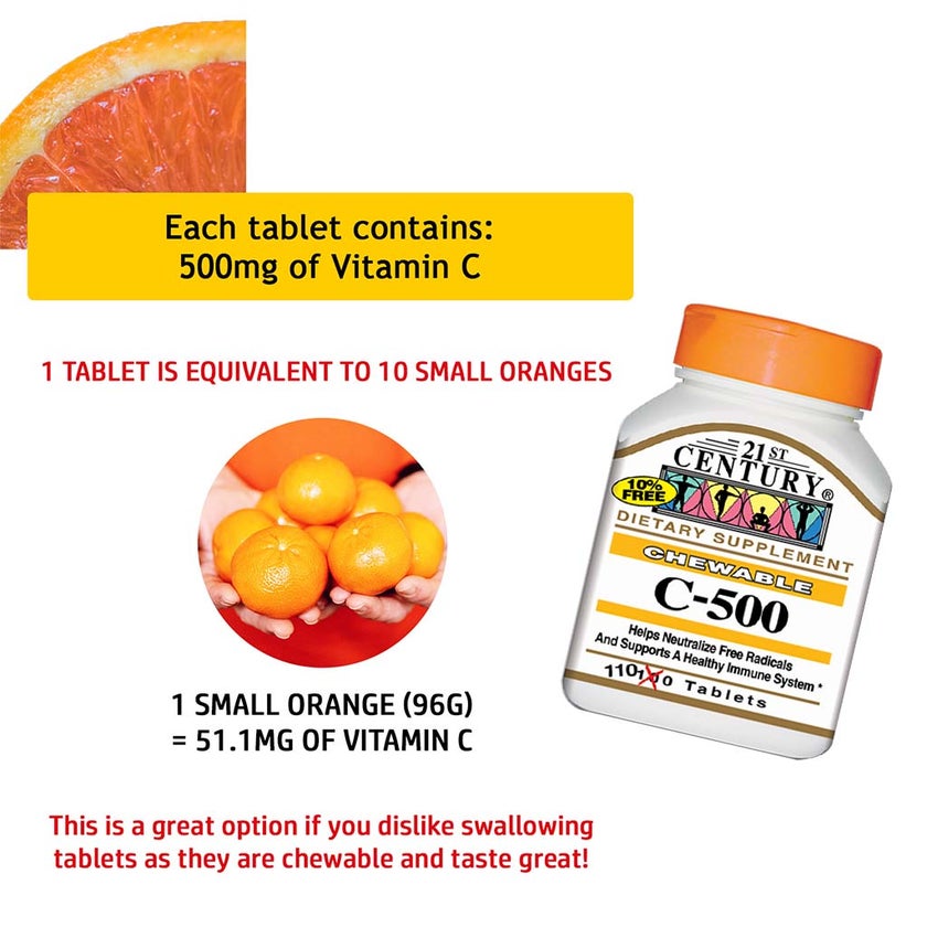 21st Century C-500 Chewable Vitamin C Tablets For Antioxidant & Immunity Support, Pack of 110's
