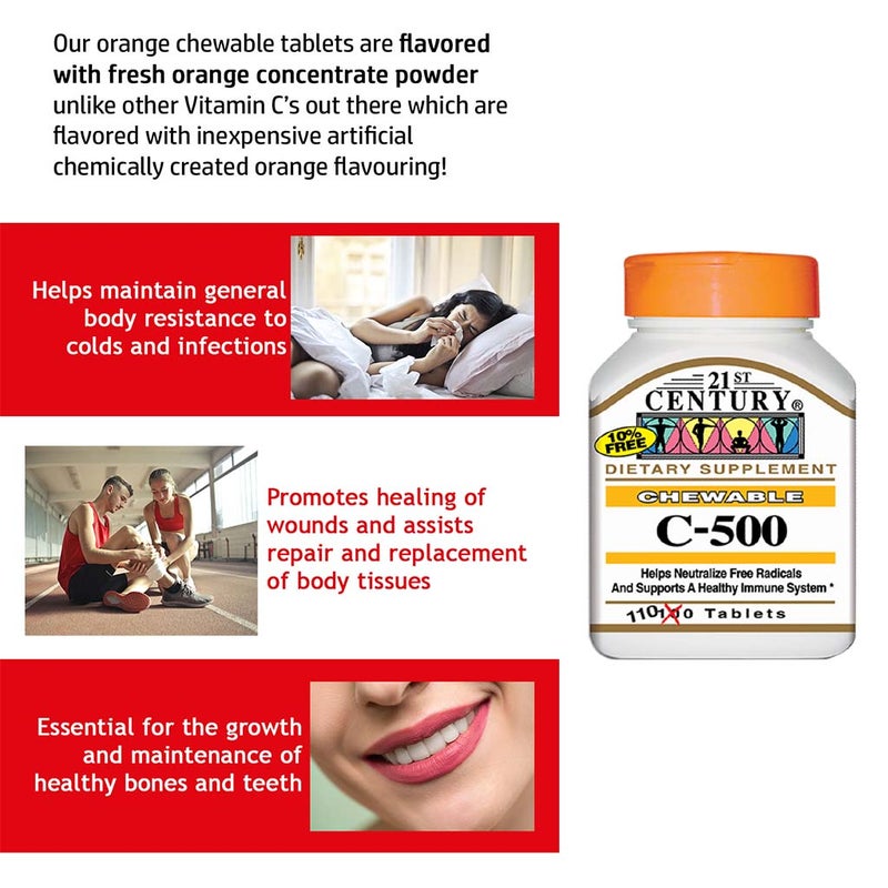 21st Century C-500 Chewable Vitamin C Tablets For Antioxidant & Immunity Support, Pack of 110's