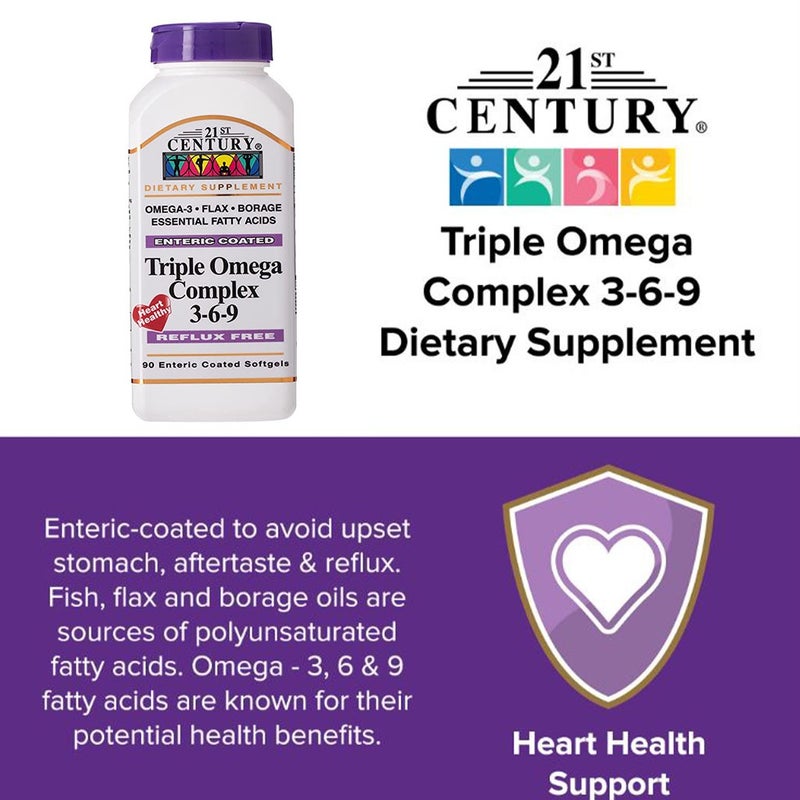 21st Century Triple Omega 3 6 9 Flaxseed Oil, Borage Seed Oil, Fish Oil Supplement Softgels, Pack of 90's