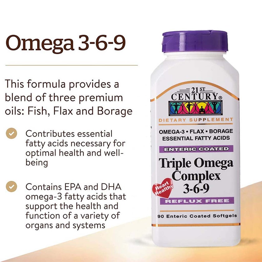 21st Century Triple Omega 3 6 9 Flaxseed Oil, Borage Seed Oil, Fish Oil Supplement Softgels, Pack of 90's