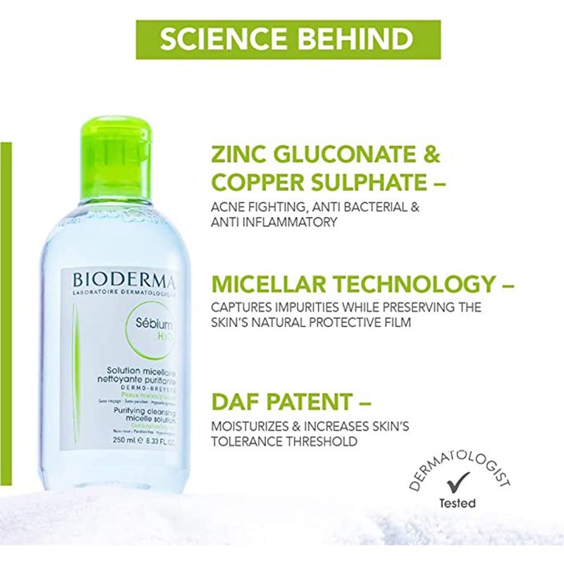 Bioderma Sebium H₂O Cleansing Micelle Make-Up Remover Solution For Combination To Oily Skin 250 mL