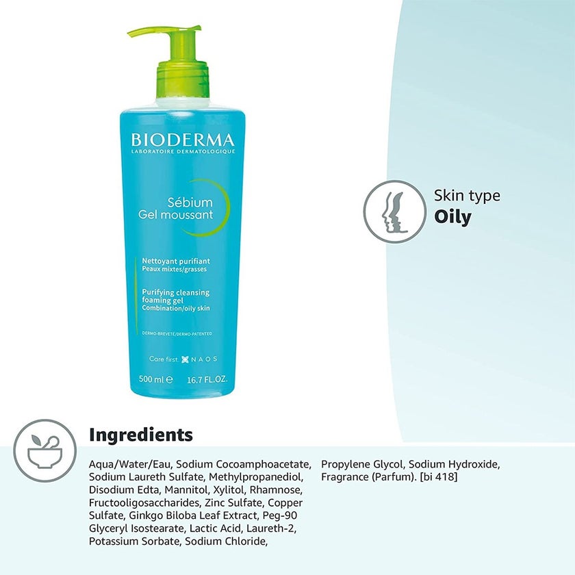 Bioderma Sebium Moussant Purifying Cleansing Foaming Gel For Combination To Oily Skin 500ml