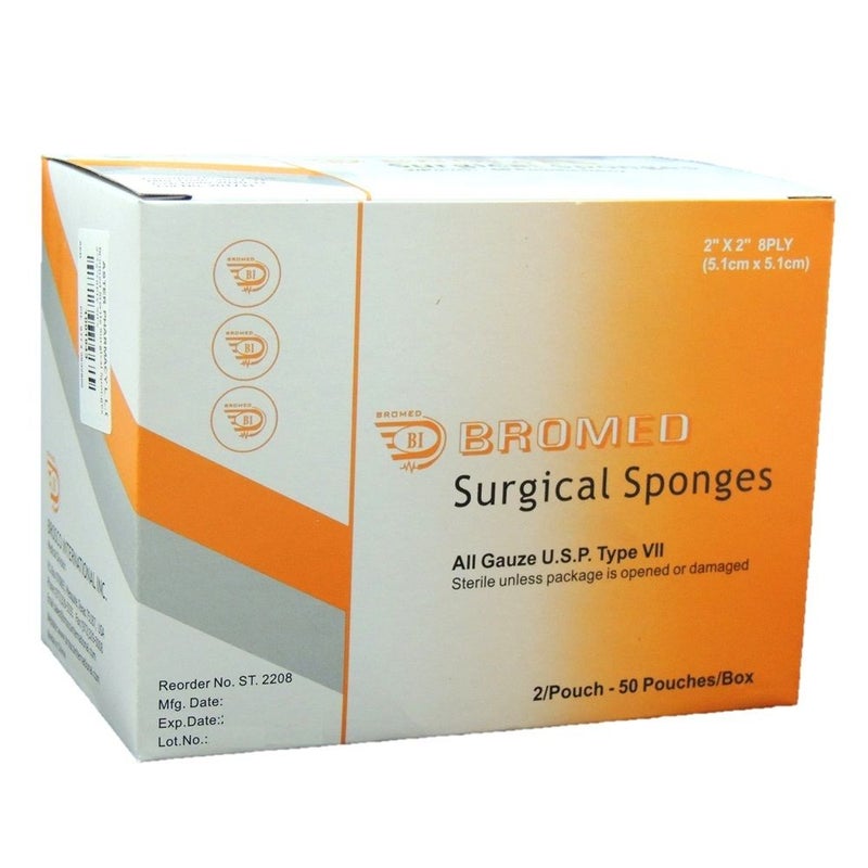 Bromed Sterile Surgical Sponges 2 inch x 2 inch x 8 ply 50's