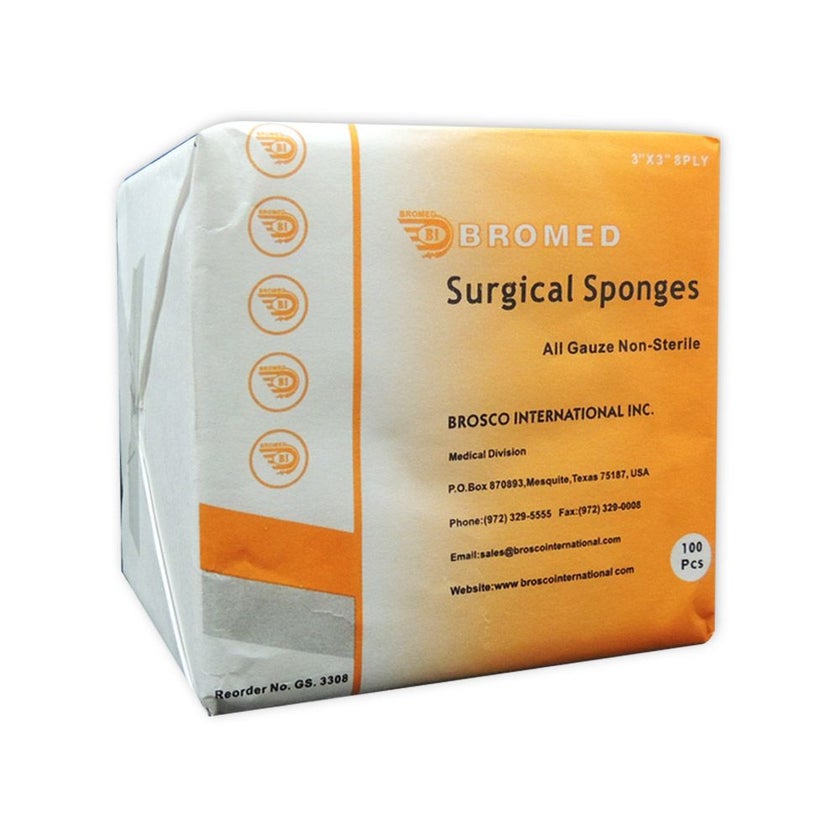 Bromed Surgical Gauze Non-Sterile Sponges 3 inch x 3 inch x 8 ply, Pack of 100's