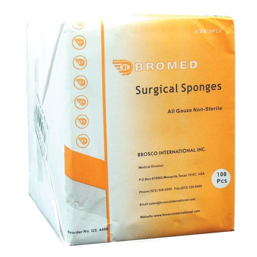 Bromed Surgical Gauze Non-Sterile Sponges 4 inch x 4 inch x 8 ply, Pack of 100's