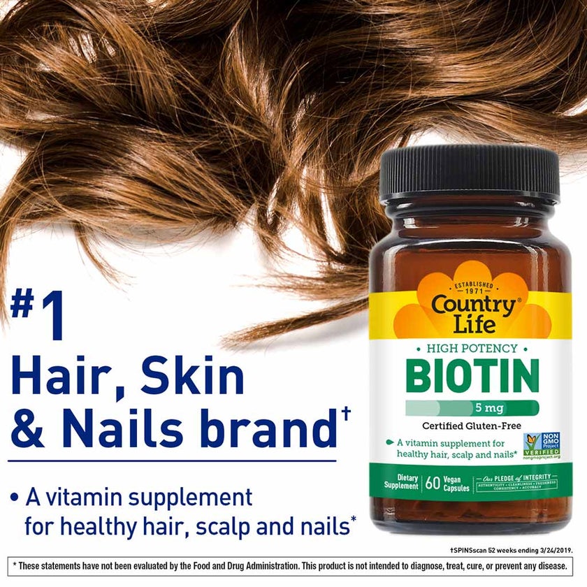 Country Life High Potency Biotin 5mg Gluten-Free Vegan Capsules For Hair, Scalp & Nails, Pack of 60's