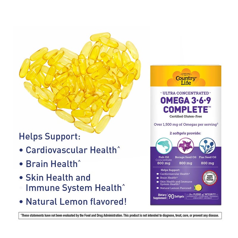 Country Life Complete Omega 3 6 9 Flaxseed Oil, Borage Seed Oil, Fish Oil Supplement Softgels, Pack of 90's