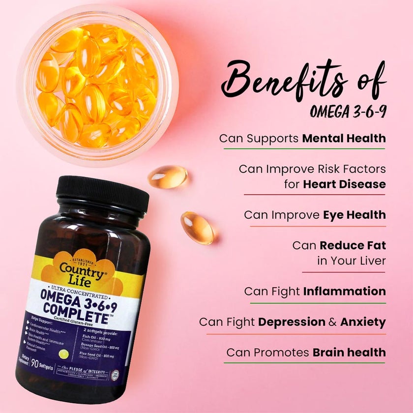 Country Life Complete Omega 3 6 9 Flaxseed Oil, Borage Seed Oil, Fish Oil Supplement Softgels, Pack of 90's