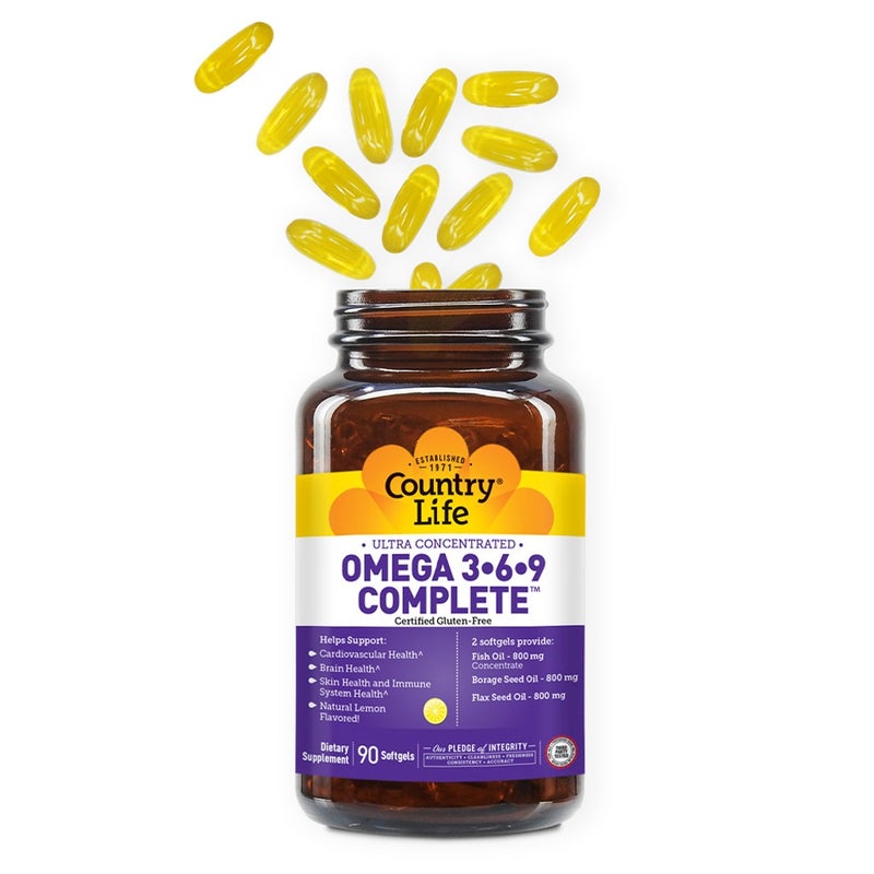 Country Life Complete Omega 3 6 9 Flaxseed Oil, Borage Seed Oil, Fish Oil Supplement Softgels, Pack of 90's
