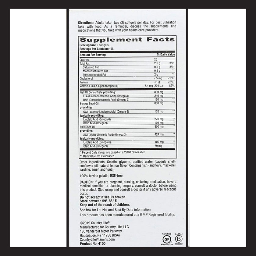 Country Life Complete Omega 3 6 9 Flaxseed Oil, Borage Seed Oil, Fish Oil Supplement Softgels, Pack of 90's