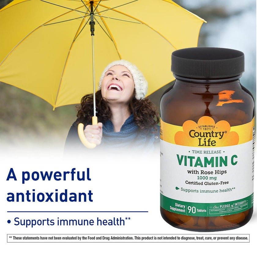 Country Life Antioxidant Vitamin-C 1000mg With Rose Hips Tablets For Immune Support, Pack of 90's