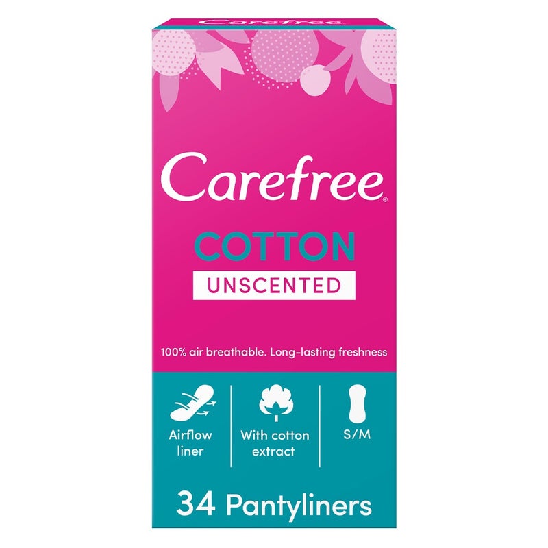 Carefree Breathable Cotton Unscented Panty Liners, Pack of 34's