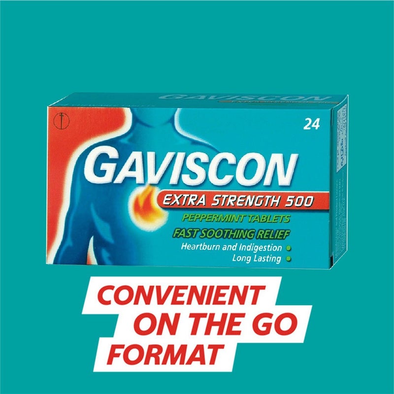 Gaviscon Extra Strength 500mg Peppermint Tablets For Indigestion And Heartburn, Pack of 24's
