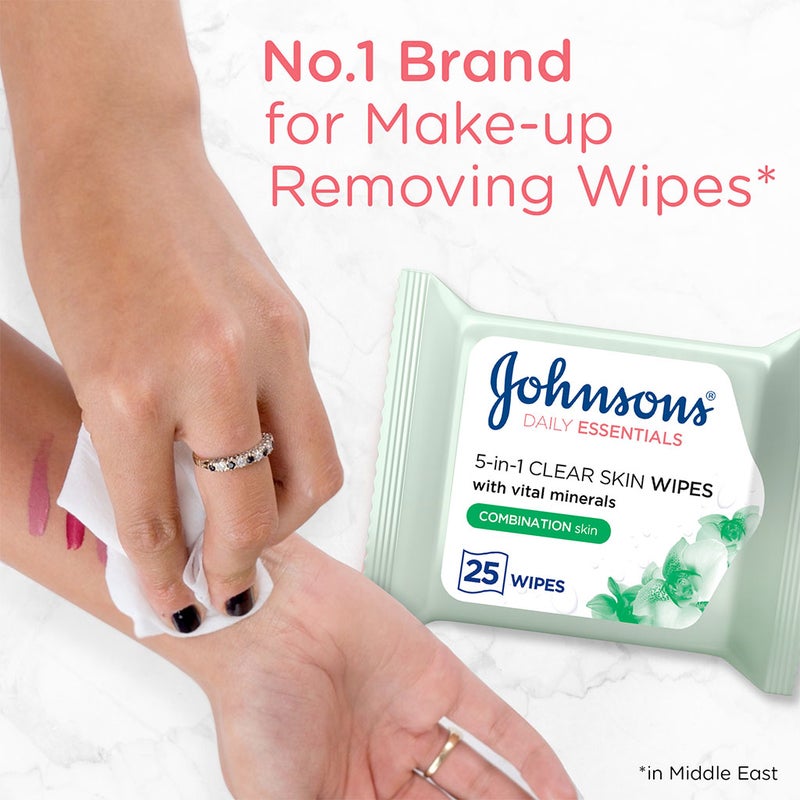 Johnson's Daily Essentials 5-in-1 Clear Skin Cleansing Makeup Remover Wipes For Combination Skin, Pack of 25's
