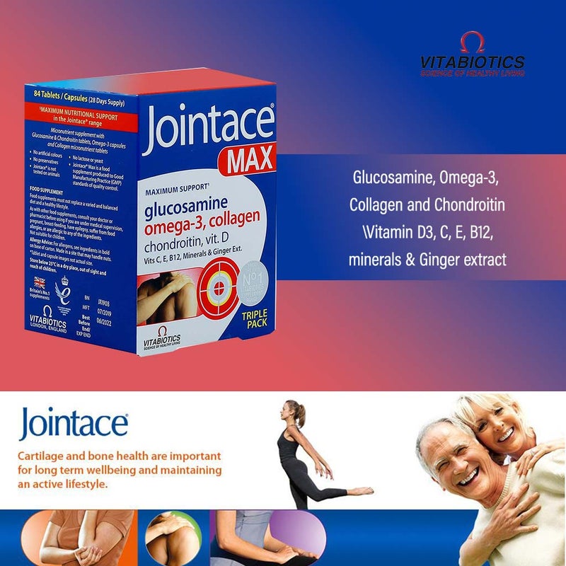Vitabiotics Jointace Max For Healthy Bone & Cartilage, Triple Pack of Omega-3 Capsules 28's + Glucosamine, Turmeric & Chondroitin Tablets 28's + Collagen Tablets 28's