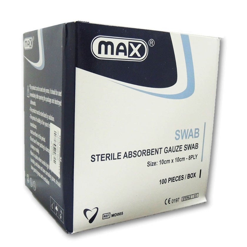 Max Sterile Absorbent Gauze Swab 10 x 10cm x 8 Ply, Pack of 100's