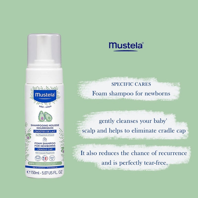 Mustela Baby Cradle Cap Foam Shampoo For Newborn, Tear-Free & Fragrance-Free 150ml
