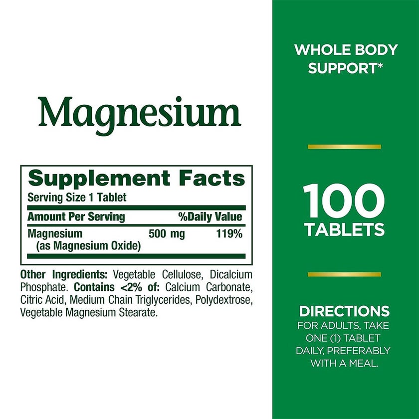 Nature's Bounty High Potency Magnesium 500mg Tablets, Pack of 100's