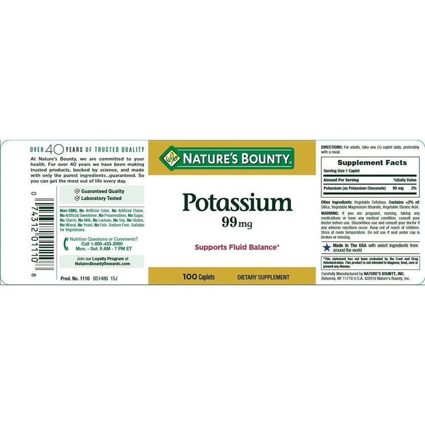 Nature's Bounty Potassium 99mg Caplets, Pack of 100's