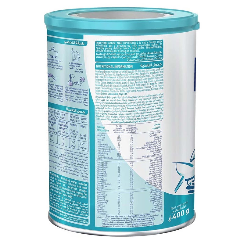 Nestle NAN Optipro Stage 3 Toddlers Milk Formula For 1 To 3 Years 400g