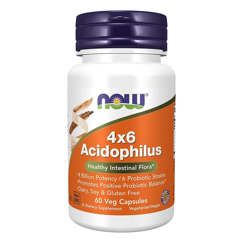 Now Acidophilus 4 x 6 Probiotic Capsules For Healthy Intestinal Flora, Pack of 60's