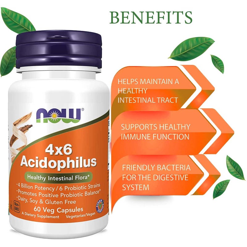 Now Acidophilus 4 x 6 Probiotic Capsules For Healthy Intestinal Flora, Pack of 60's