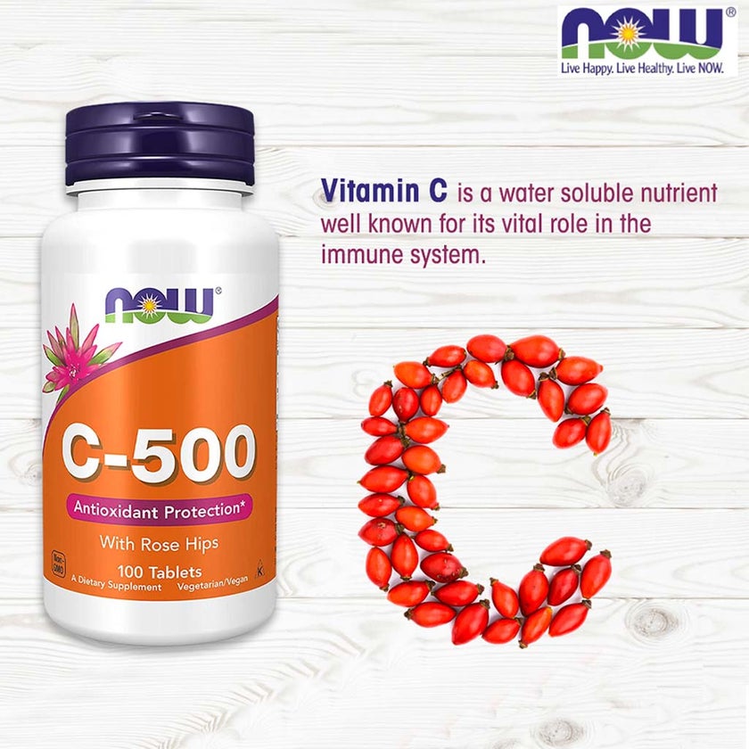 Now C-500 Vitamin C With Rose Hips Tablets, Pack of 100's