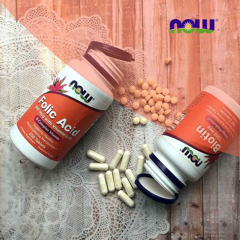 Now Folic Acid 800 mcg with Vitamin B12 Tablets For Healthy Heart, Pack of 250's