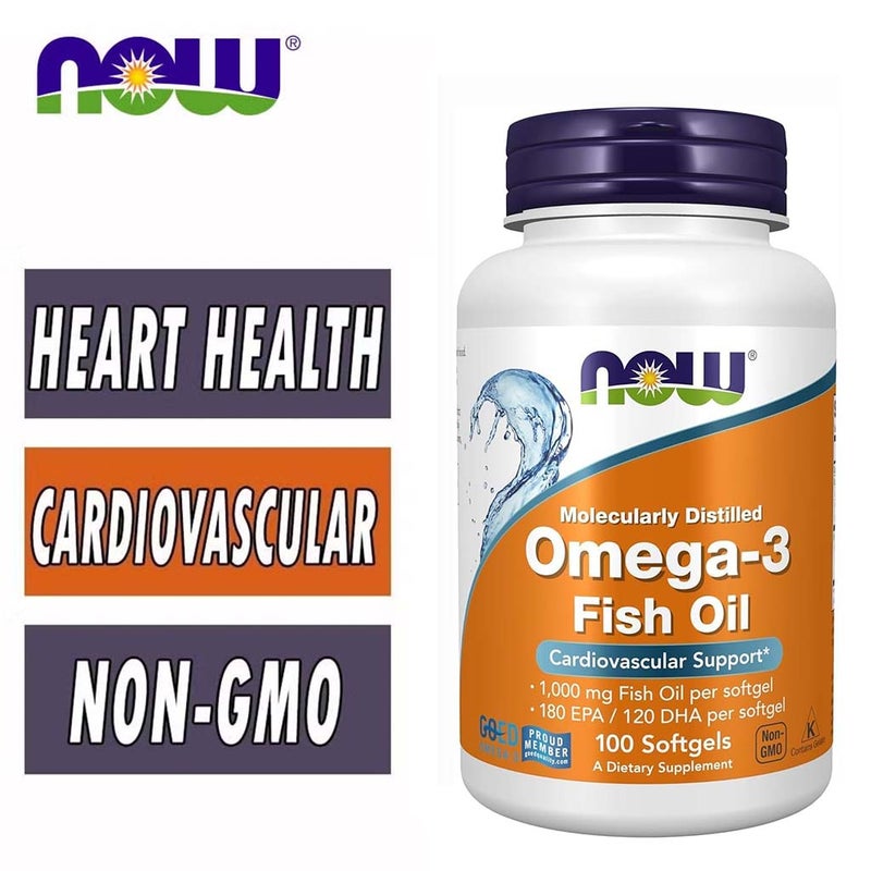 Now Omega 3 1000mg 180 EPA / 120 DHA Fish Oil Supplement Softgels, Pack of 100's