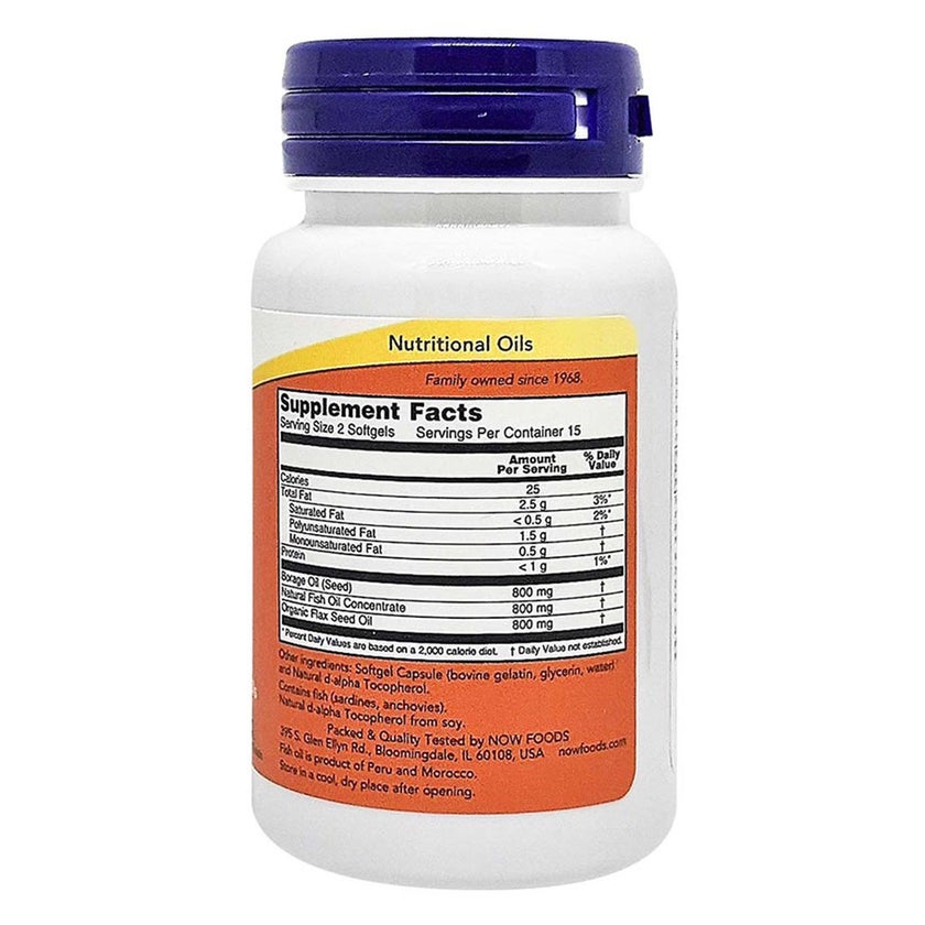 Now Super Omega 3 6 9 Flaxseed Oil, Borage Seed Oil, Fish Oil Supplement Softgels, Pack of 30's