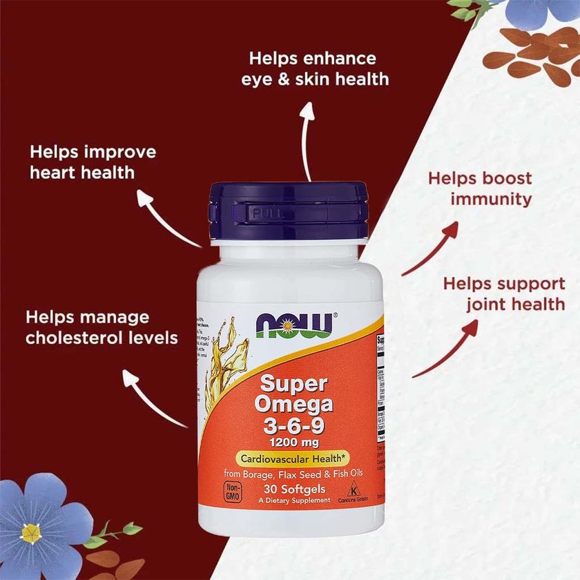 Now Super Omega 3 6 9 Flaxseed Oil, Borage Seed Oil, Fish Oil Supplement Softgels, Pack of 30's