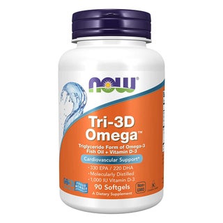 Now Tri-3D Omega 3 1000mg + 1000IU Vitamin D3 Fish Oil Supplement Softgels, Pack of 90's