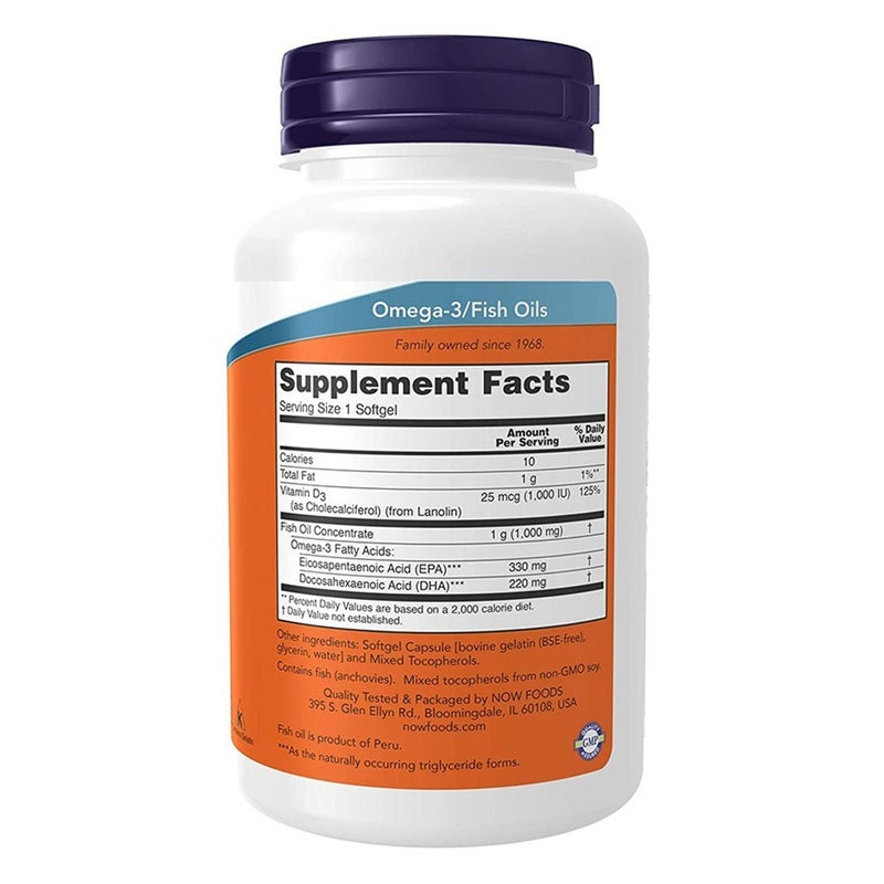 Now Tri-3D Omega 3 1000mg + 1000IU Vitamin D3 Fish Oil Supplement Softgels, Pack of 90's
