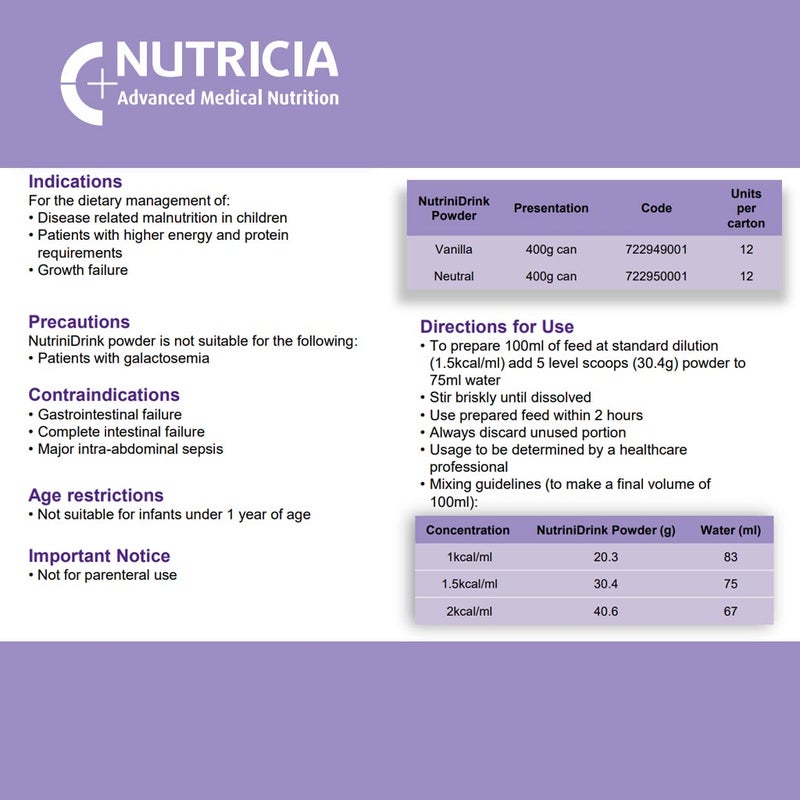 Nutricia NutriniDrink Children's Milk Special Formula For 12+ Months Vanilla Flavour 400g