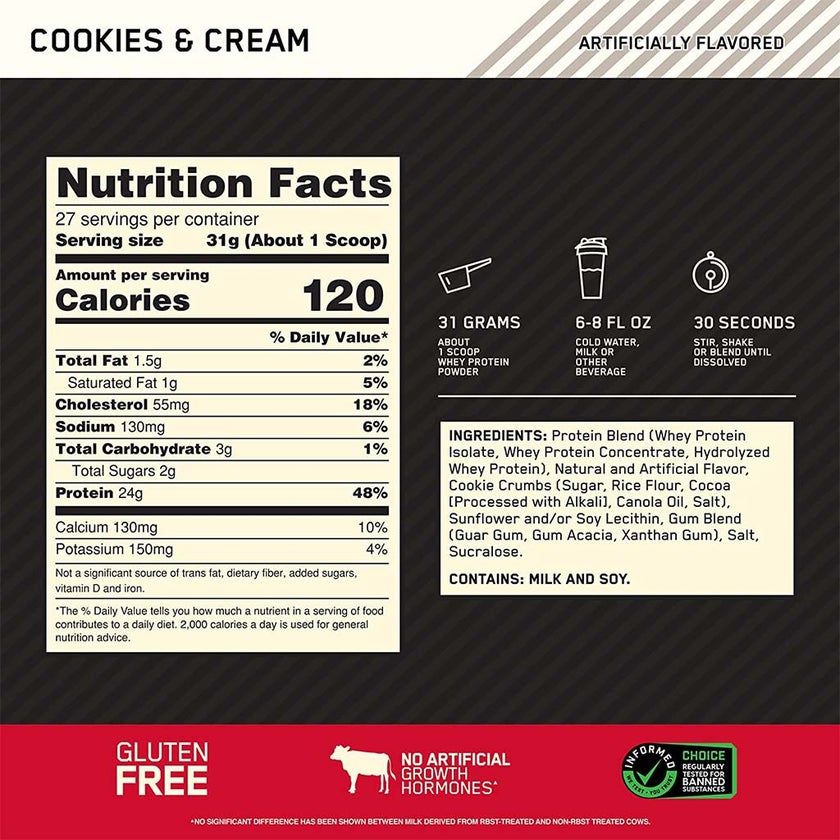 Optimum Nutrition Gold Standard 100% Whey Cookies & Cream Protein Powder 27 Servings