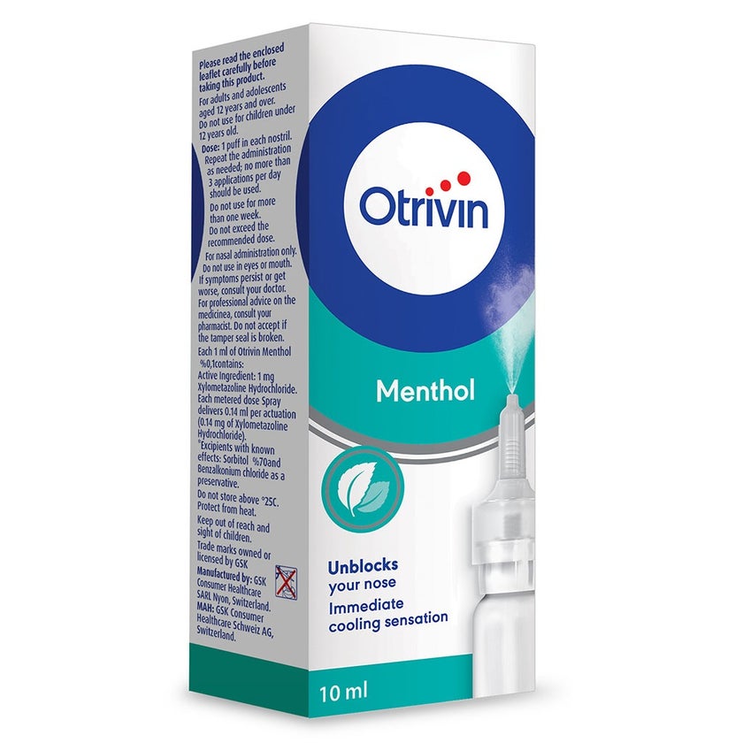 Otrivin Menthol 0.1% Adult Nasal Spray For Blocked Nose 10ml