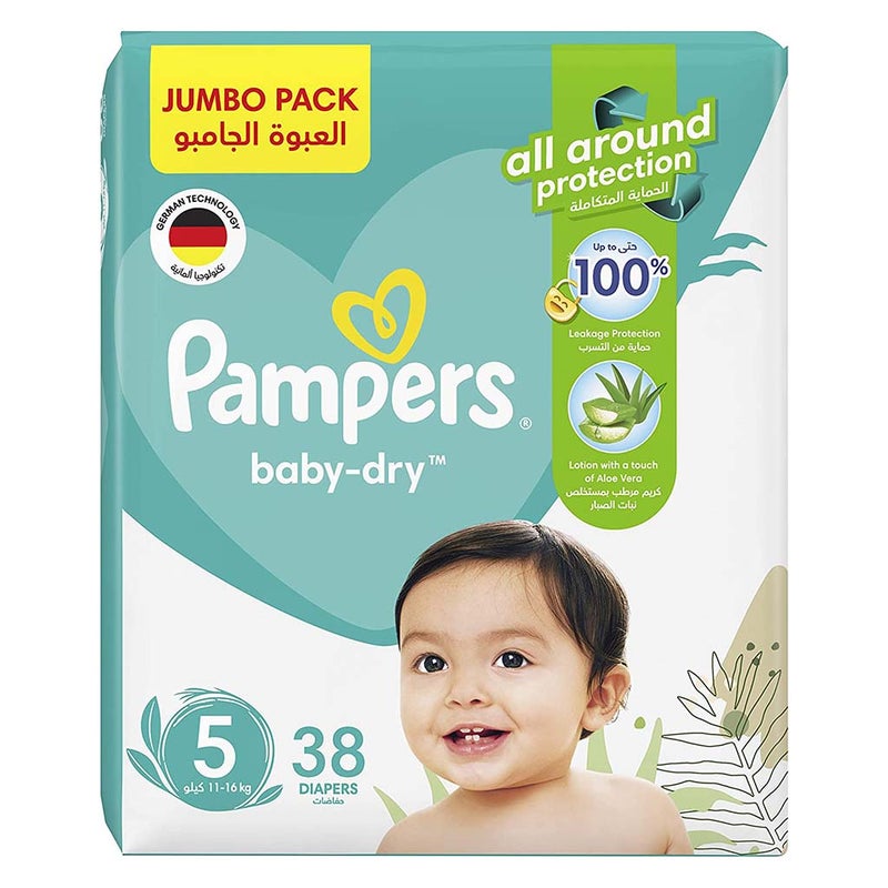 Pampers Baby-Dry Baby Diapers With Aloe Vera, Size 5, 11-16Kg, Jumbo Pack of 38's