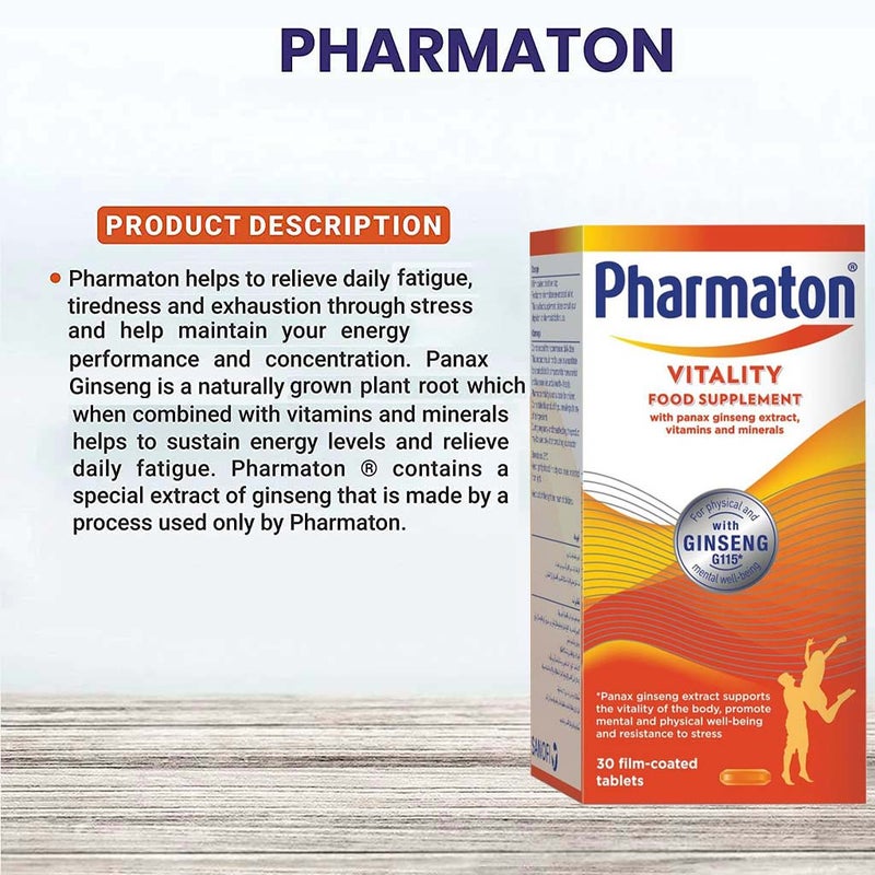 Pharmaton Vitality Multivitamins & Minerals Supplement Capsules with Ginseng, Pack of 30's