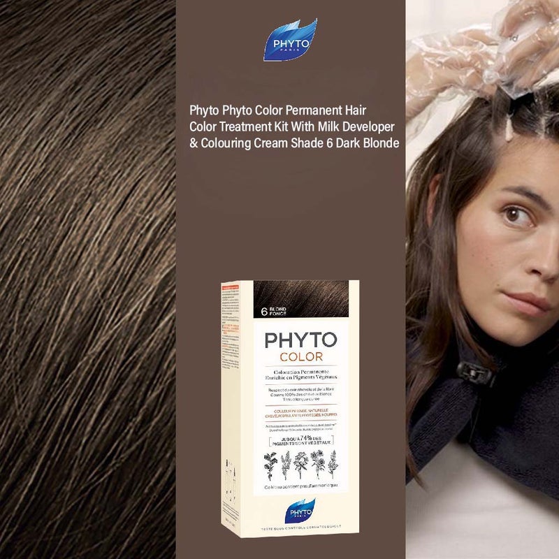 Phyto Phyto Color Permanent Hair Color Treatment Kit With Milk Developer & Colouring Cream Shade 6 Dark Blonde