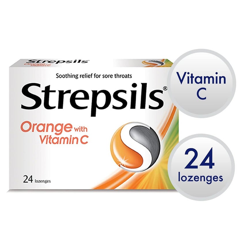 Strepsils Orange with Vitamin C 100mg Lozenges For Sore Throat, Pack of 24's