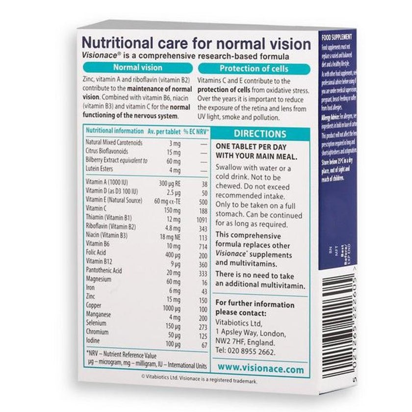 Vitabiotics Visionace Original Eye Supplement Tablets With Bilberry For Normal Vision, Pack of 30's