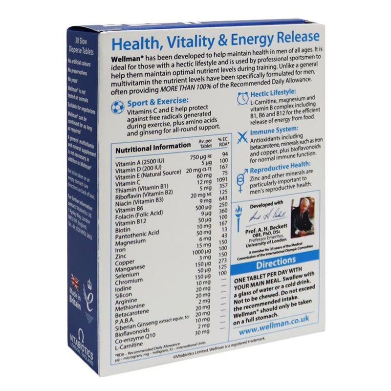 Vitabiotics Wellman Original Multivitamin Supplement Tablets For Men With Co-Q10, L-Carnitine & Ginseng, Pack of 30's