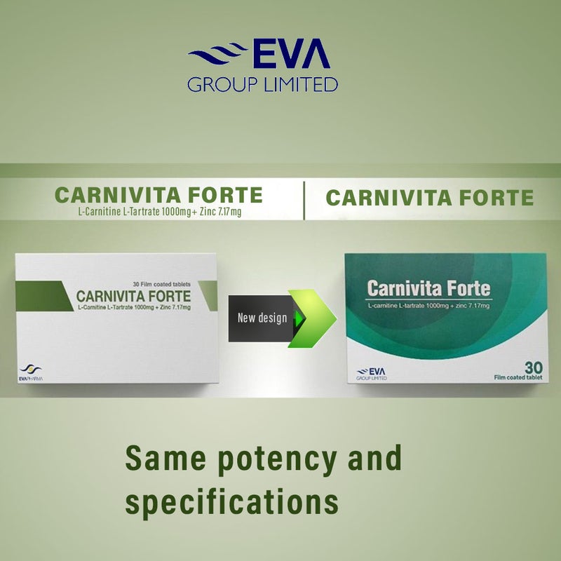 Eva Pharma Carnivita Forte L-Carnitine L-tartrate 1000mg, Zinc 7.17mg Film Coated Tablets, Pack of 30's