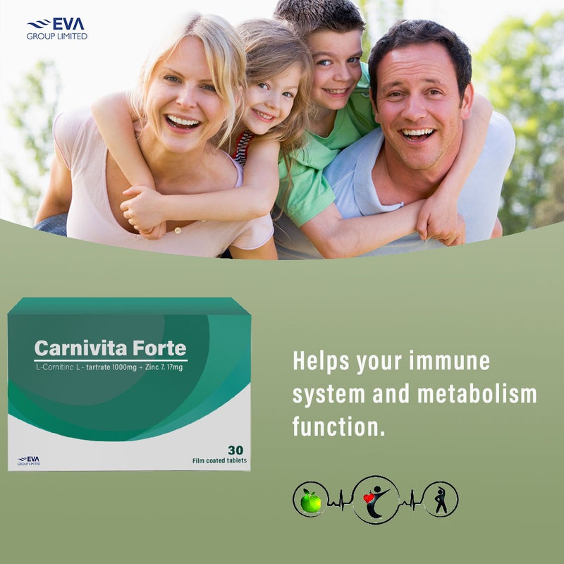Eva Pharma Carnivita Forte L-Carnitine L-tartrate 1000mg, Zinc 7.17mg Film Coated Tablets, Pack of 30's