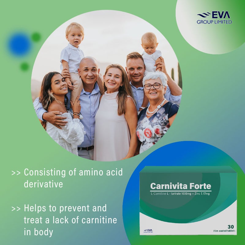 Eva Pharma Carnivita Forte L-Carnitine L-tartrate 1000mg, Zinc 7.17mg Film Coated Tablets, Pack of 30's