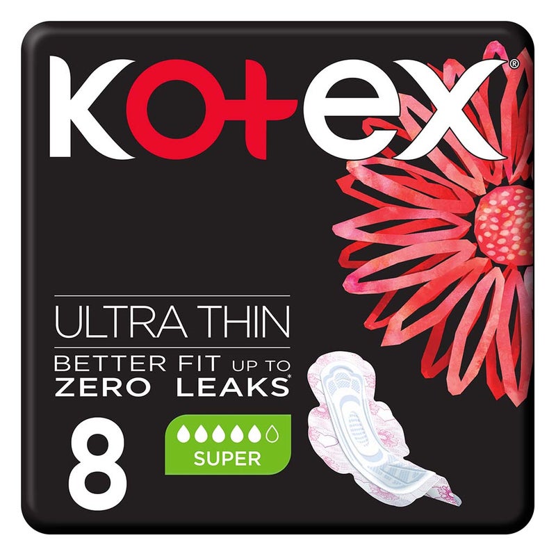 Kotex Ultra Thin Sanitary Pads With Wings, Super Size, Pack of 8's