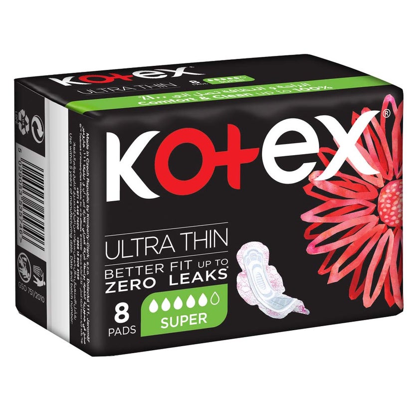 Kotex Ultra Thin Sanitary Pads With Wings, Super Size, Pack of 8's