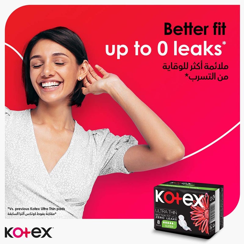 Kotex Ultra Thin Sanitary Pads With Wings, Super Size, Pack of 8's