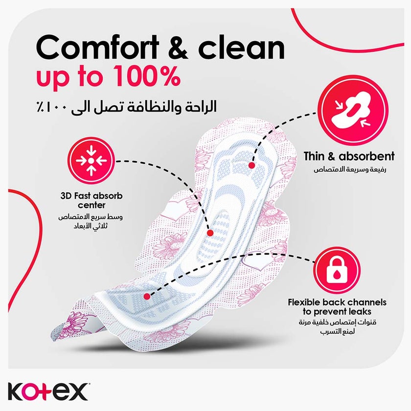 Kotex Ultra Thin Sanitary Pads With Wings, Super Size, Pack of 8's