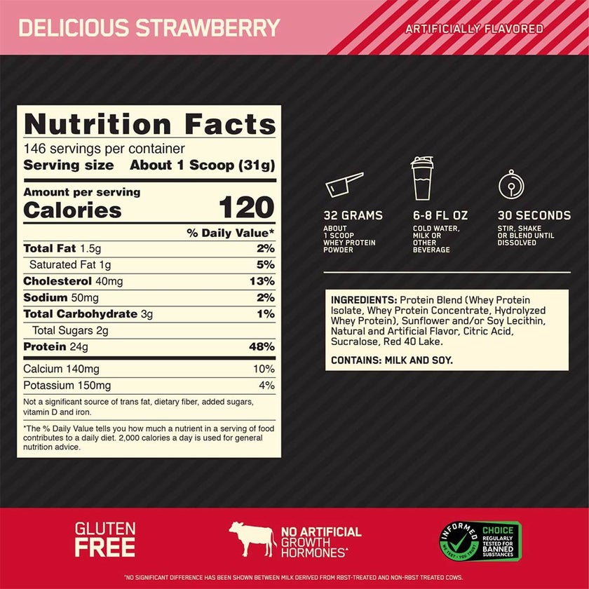 Optimum Nutrition Gold Standard 100% Whey Protein Powder Drink Mix Delicious Strawberry 10lb
